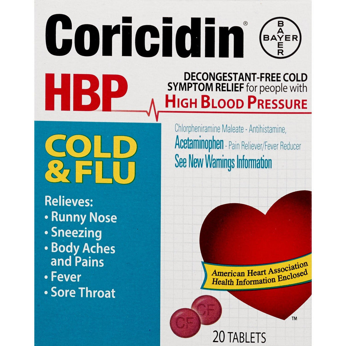 Coricidin HBP Cold & Flu, 20 tabletas